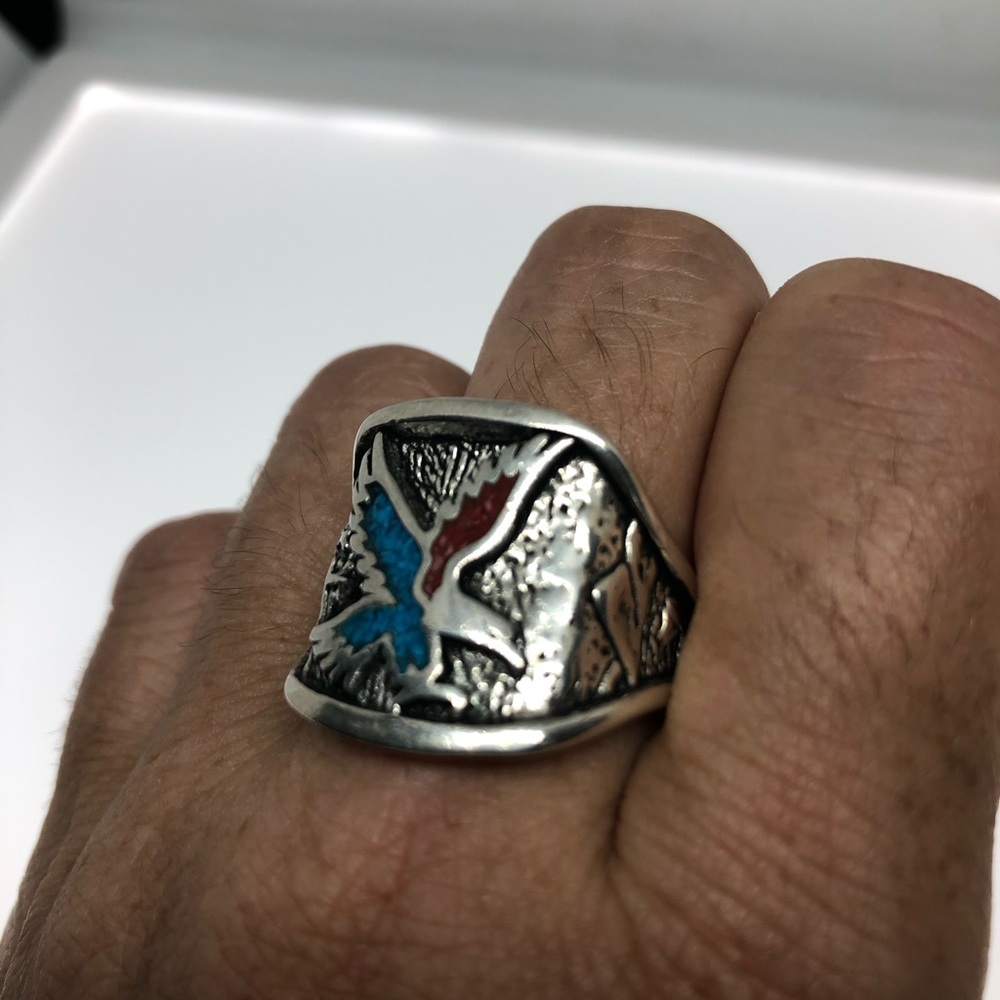 Vintage Turquoise Inlay eagle ring - Picture 2 of 7